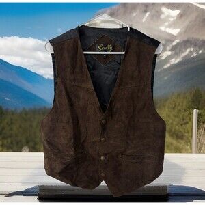 Scully Brown Vest Men’s Medium Leather Suede Adjustable Snap Vtg Y2K Western